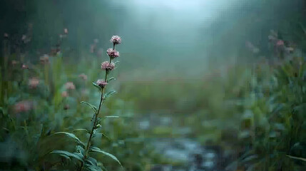 Misty morning meadow wildflowers, nature background, calm scene, peaceful landscape