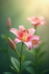 Naklejka premium A Delicate Pink Lily in Bloom, Softly Illuminated by Sunlight, Surrounded by Other Buds and Flowers in a Garden Setting