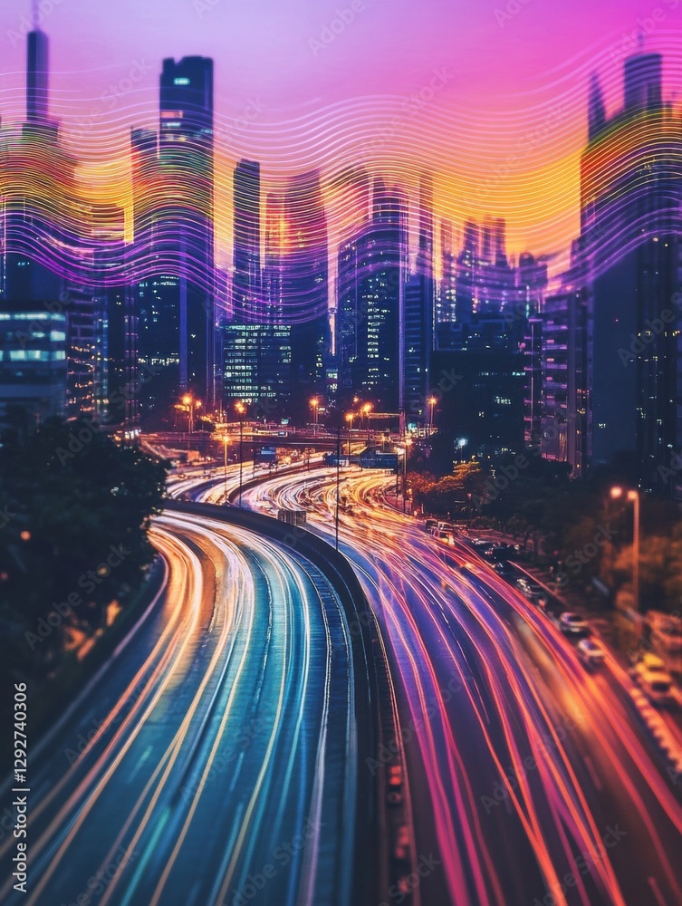 Poster urban road with layered sound waves visualization over vibrant cityscape at twilight. generative ai