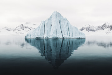 Massive iceberg floating on still Arctic waters reflecting the sky