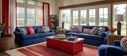 Cozy living room displays red white and blue patriotic decor