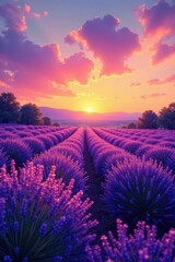 Obraz premium Sunset hues paint vibrant lavender field, cloudless sky , peaceful, light, Italy