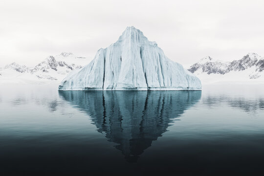 Massive iceberg floating on still Arctic waters reflecting the sky