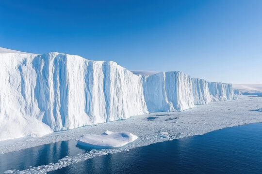 Expansive Arctic iceberg wall floating on icy waters under a clear blue sky