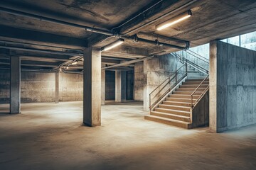 Vacant underground space in a contemporary structure featuring concrete supports metal pipes and electrical wiring overhead