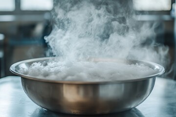 Vapor from metal bowl containing liquid nitrogen Lab tests with liquid nitrogen