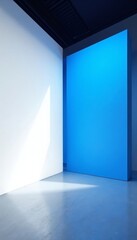 Imposing white wall, vibrant blue backdrop, large display screen , broad, show, flat