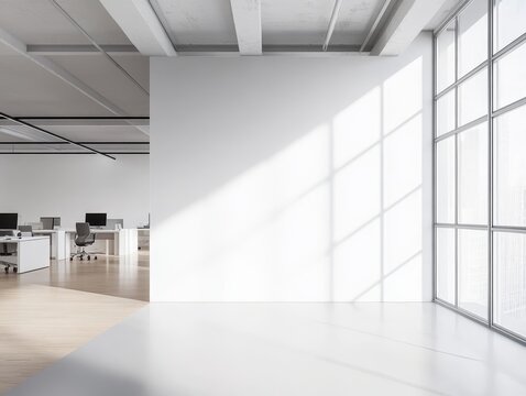 Modern Office Space White Wall Mockup with Sunlight and Minimalist Design, Office Interior, Mockup Office Design, Workspace