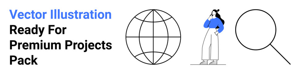 Globe outline, woman in thoughtful pose, large magnifying glass. Ideal for global research, exploration, navigation, education, innovation, creativity flat landing page banner