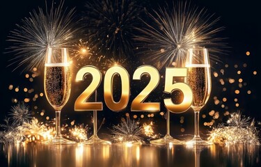 Golden 2025 New Year's Eve Celebration Champagne, Fireworks, Sparkling Background, New Year's Resolution, Party New Year, Celebration
