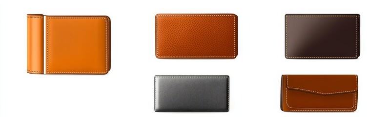 Four Leather Wallet Designs Illustration, Flatlay, Composition, Brown, Black, Orange, Wallet Styles Wallet illustration
