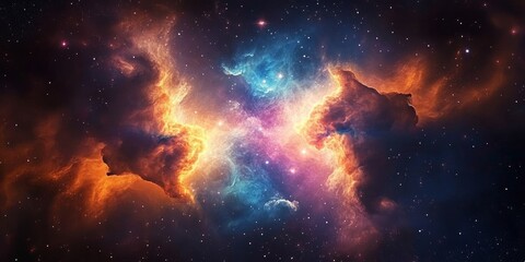 Naklejka premium Cosmic Collision Nebula Symphony in Orange and Blue, Digital Art, Space, Astronomy Space, Nebula