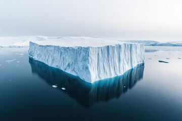 Massive flat-topped iceberg floating in Arctic waters with deep reflections