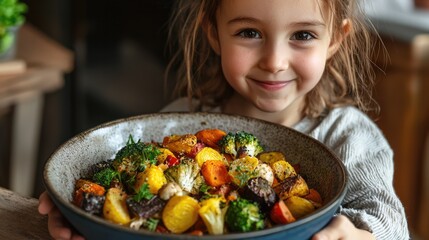 Girl presents a large bowl filled with roasted vegetables
