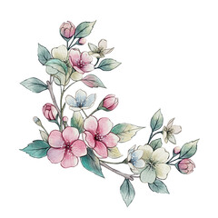Watercolor illustration of delicate pink and blue flowers with leaves. Elegant botanical artwork symbolizing spring bloom, perfect for cards, decor, and textile designs.