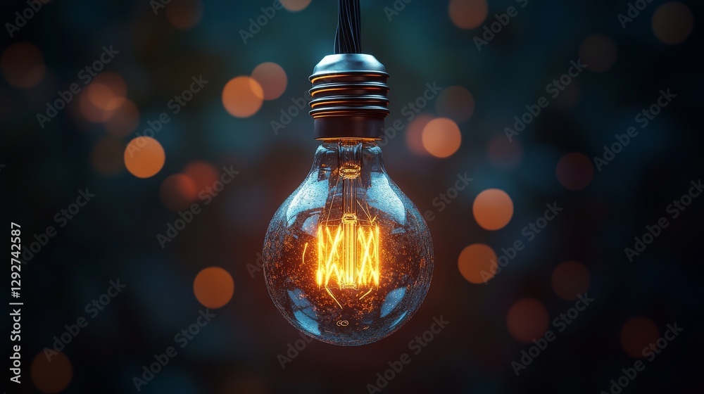 Poster vintage light bulb with glowing filament against a blurred bokeh background. creativity and innovati