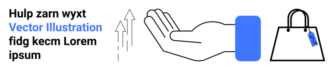 Open palm with rising arrows indicating growth and collaboration. Nearby a shopping bag represents retail, trade, and business opportunities. Ideal for business, marketing, growth, support, retail