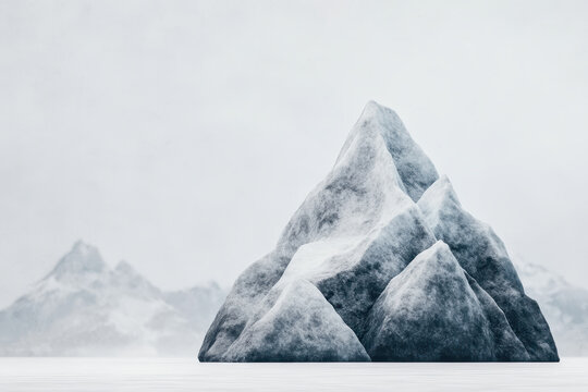 Snow-covered mountain-like iceberg in icy waters with misty background