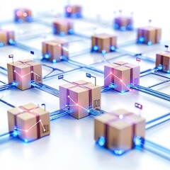 A network of glowing packages connected by blue lines, showcasing a digital logistics system.