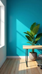 Fototapeta premium Bright blue wall accents spacious office, large potted plant adds life , clean lines, commercial space, office design