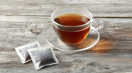 glass cup of tea with tea bag on wooden table