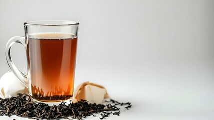 Glass cup with black tea and milk on white