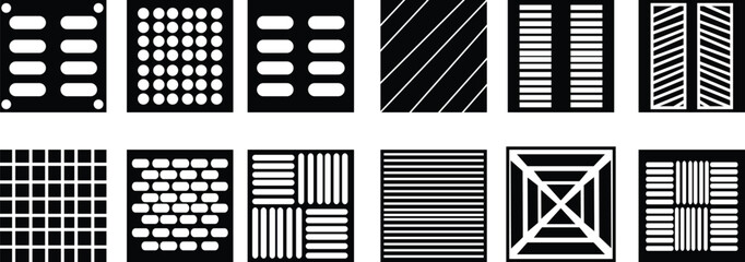 Air vent black glyph icon set. Hvac system Wall cover Fresh air delivery Home ventilation. Room temperature Silhouette symbols on white space Solid pictogram. Vector isolated on transparent background
