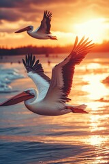 Fototapeta premium Two pelicans flying over a sunset-lit beach, capturing the beauty of nature.