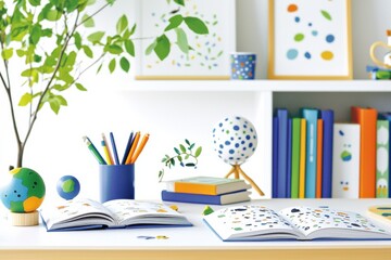Bright Colorful Home Office Workspace With Books And Stationery, Inspiring Creativity And Focus In A Modern Environment