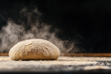 Steaming artisan bread dough on a wooden surface with flour particles in the air