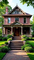 Fototapeta premium Grand Victorian home, front steps leading to entryway, entrance, architecture, wood