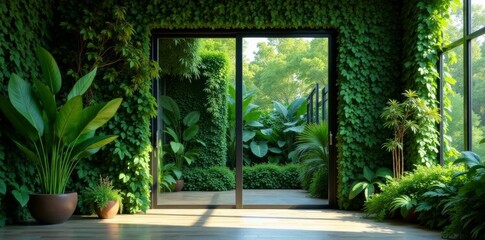 Fototapeta premium Large glass door, vibrant green wall, lush plants , interior, fresh