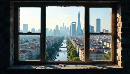 Shattered window, overlooking city streets below , damage, light
