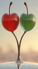 Two heart-shaped cherries, contrasting colors, on frosted stem, sunrise/sunset background