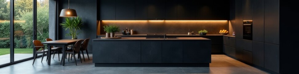 Sophisticated black kitchen, dramatic lighting, minimalist, sleek
