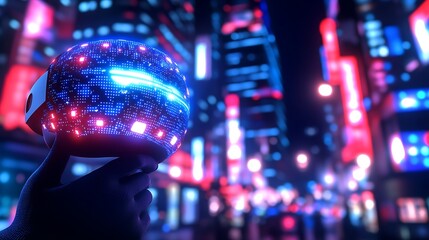Virtual Reality Headset Held Up With Illuminated City Background Lighting