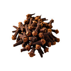 Fototapeta premium Cloves scattered in a pile, their dried brown forms showcasing the aromatic spice's unique shape and texture isolated on white or transparent background