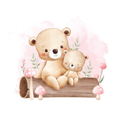 Watercolor Illustration Mother and Baby Bear Sit on Logwood