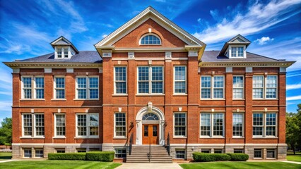 Fototapeta premium Historic American School Building with Brick Facade and Multi-Window Architecture, traditional school designs, historic schools