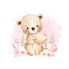 Watercolor Illustration Mother and Baby Bear with Pink Flowers