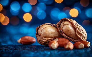 Two peanuts and almonds on a dark blue surface with bokeh lights
