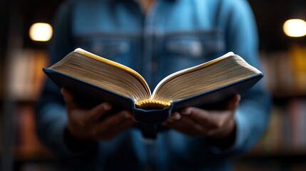Obraz premium Illuminated Pages: A Person Reading a Book in a Library