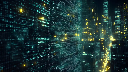 Obraz premium Abstract futuristic cityscape rendered in teal and gold, depicting a digital metropolis with glowing data streams. Ideal for technology, AI, and innovation concepts.