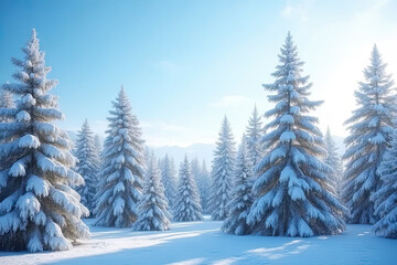 Naklejka premium Serene Snow-Covered Pine Forest Under a Clear Blue Sky in a Winter Wonderland with Frosty Trees and Soft Morning Light Creating a Peaceful Scenic Landscape