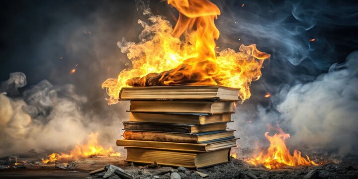 A stack of burning books with flames engulfing the top