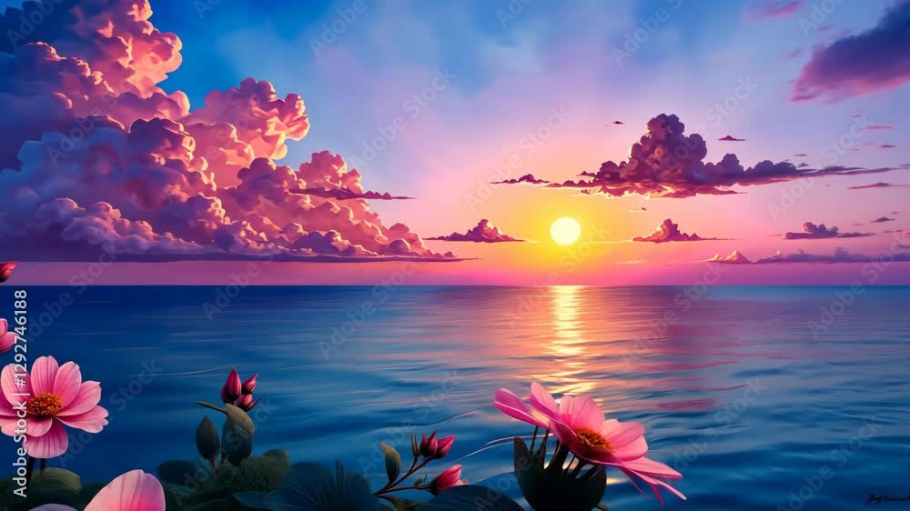 Poster a beautiful landscape with a large mountain range and a lake. the sun is setting and the sky is fill