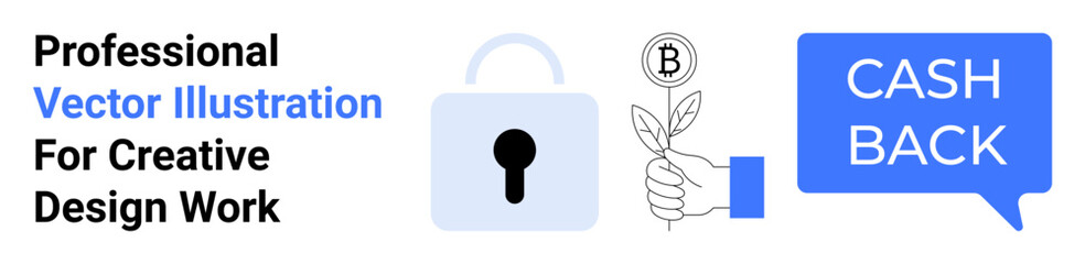 Secure lock symbol, hand with cryptocurrency coin, and CASH BACK speech bubble. Ideal for cryptocurrency, finance, savings, security, online transactions, eco-finance promotional designs flat