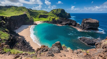 Obraz premium Secluded Tropical Beach Cove with Turquoise Water and Dark Volcanic Rocks