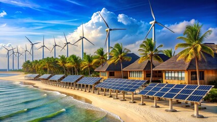 Fototapeta premium Sustainable Coastal Living Eco-Friendly Homes Powered by Wind and Solar Energy on a Tropical Beach