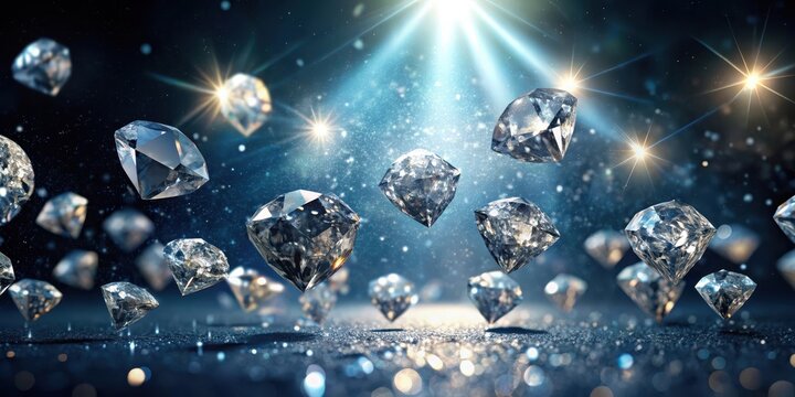 A cluster of sparkling diamonds fall from the sky onto a dark and mysterious background